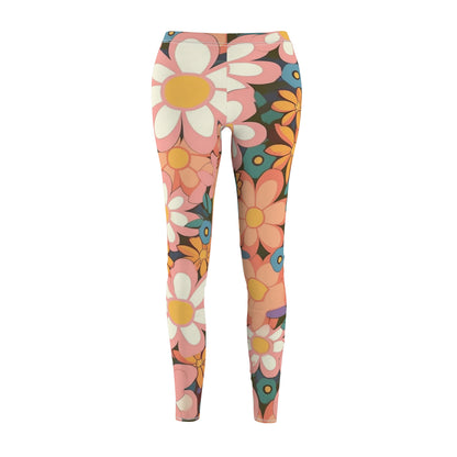 Groovy 1960s 1970s Pink & Orange Daisy Mod Floral - Women's Cut & Sew Casual Leggings (AOP)