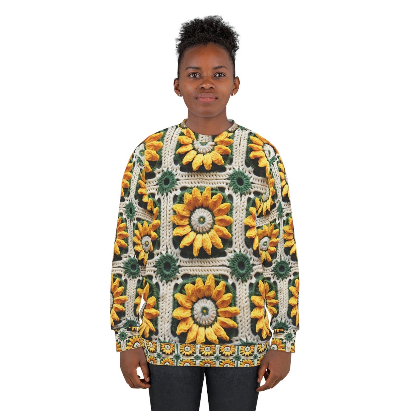 Elegancia de crochet de girasol, diseño Granny Square, motivo floral radiante. Lleva la calidez de los girasoles a tu espacio - Sudadera unisex (AOP) 