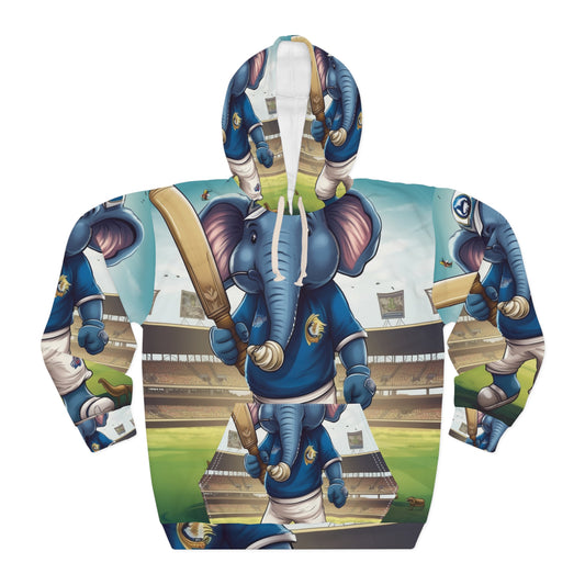 India Elephant Cricket Sport Star: Pitch, Run, Stump Game - Encanto animado - Sudadera con capucha unisex (AOP) 