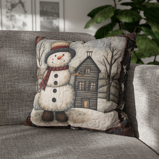 Christmas Cottagecore Snowman & Snowy House - Nostalgic Decor - Grandmillennial Festive Charm - Spun Polyester Square Pillow Case