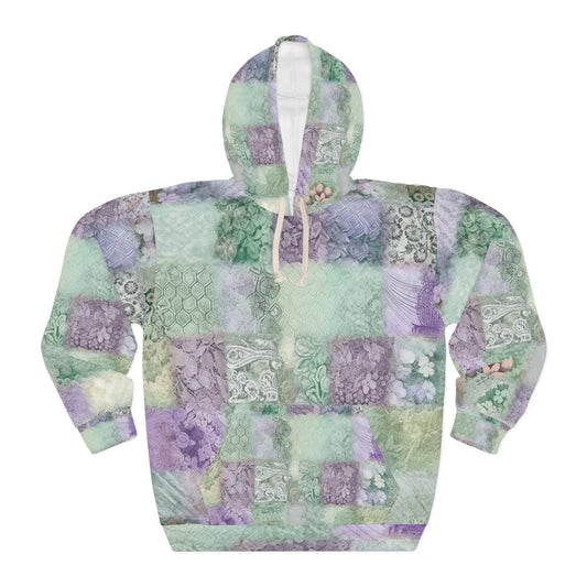 Medley Patchwork - Muted Pastels, Gingham & Lace, Boho Paisley Mix, Quilted Aesthetic Design - Unisex Pullover Hoodie (AOP)