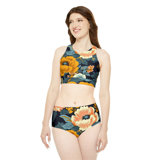 Conjunto de bikini deportivo con estampado floral de cintura alta inspirado en los años 50 y 60 (AOP)