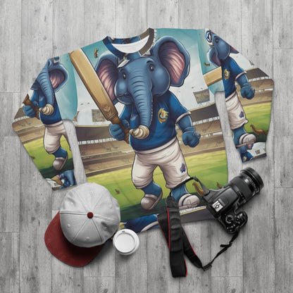 India Elephant Cricket Sport Star: Pitch, Run, Stump Game - Animated Charm - Unisex Sweatshirt (AOP)