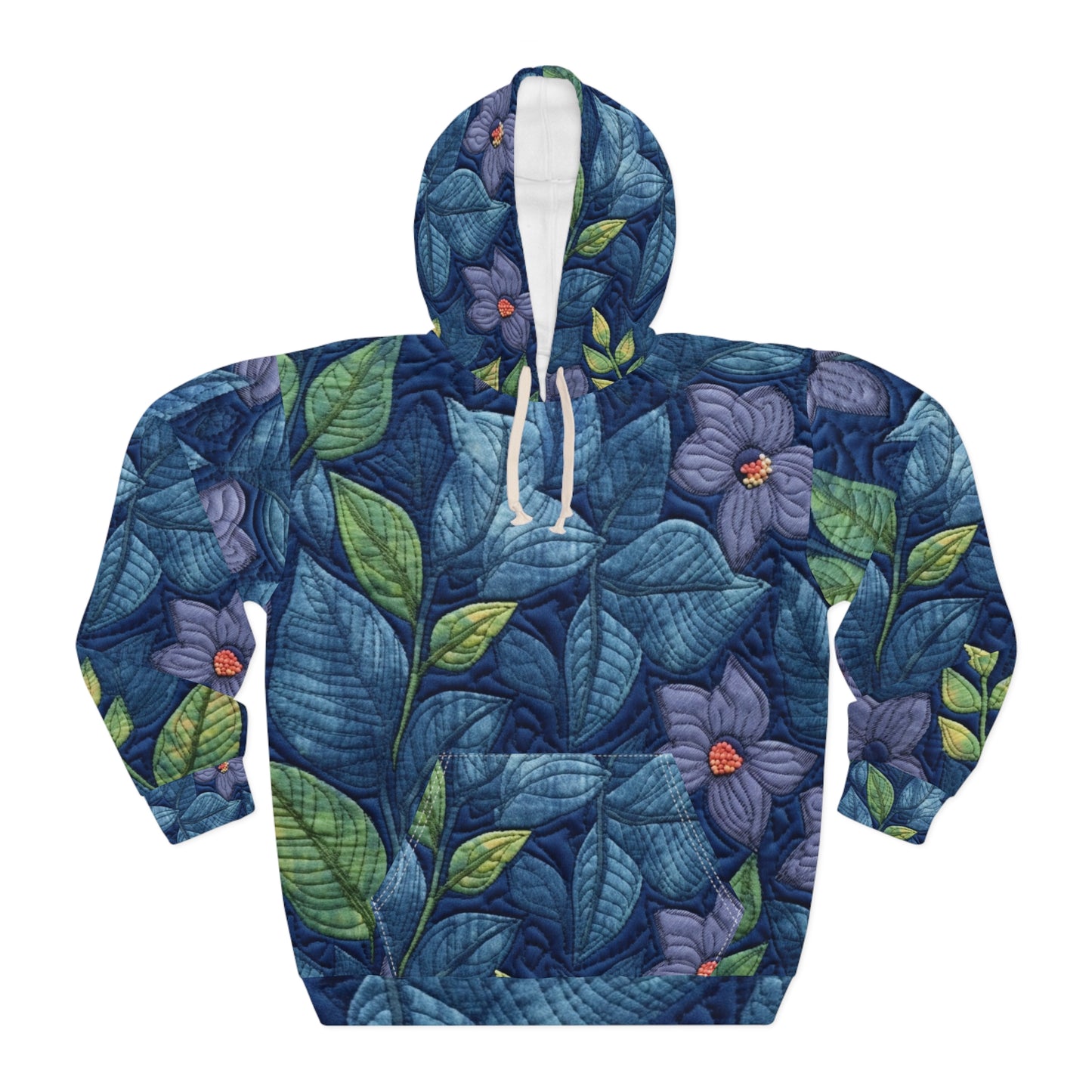 Azul bordado floral: diseño de flores artesanal e inspirado en la mezclilla - Sudadera con capucha unisex (AOP) 