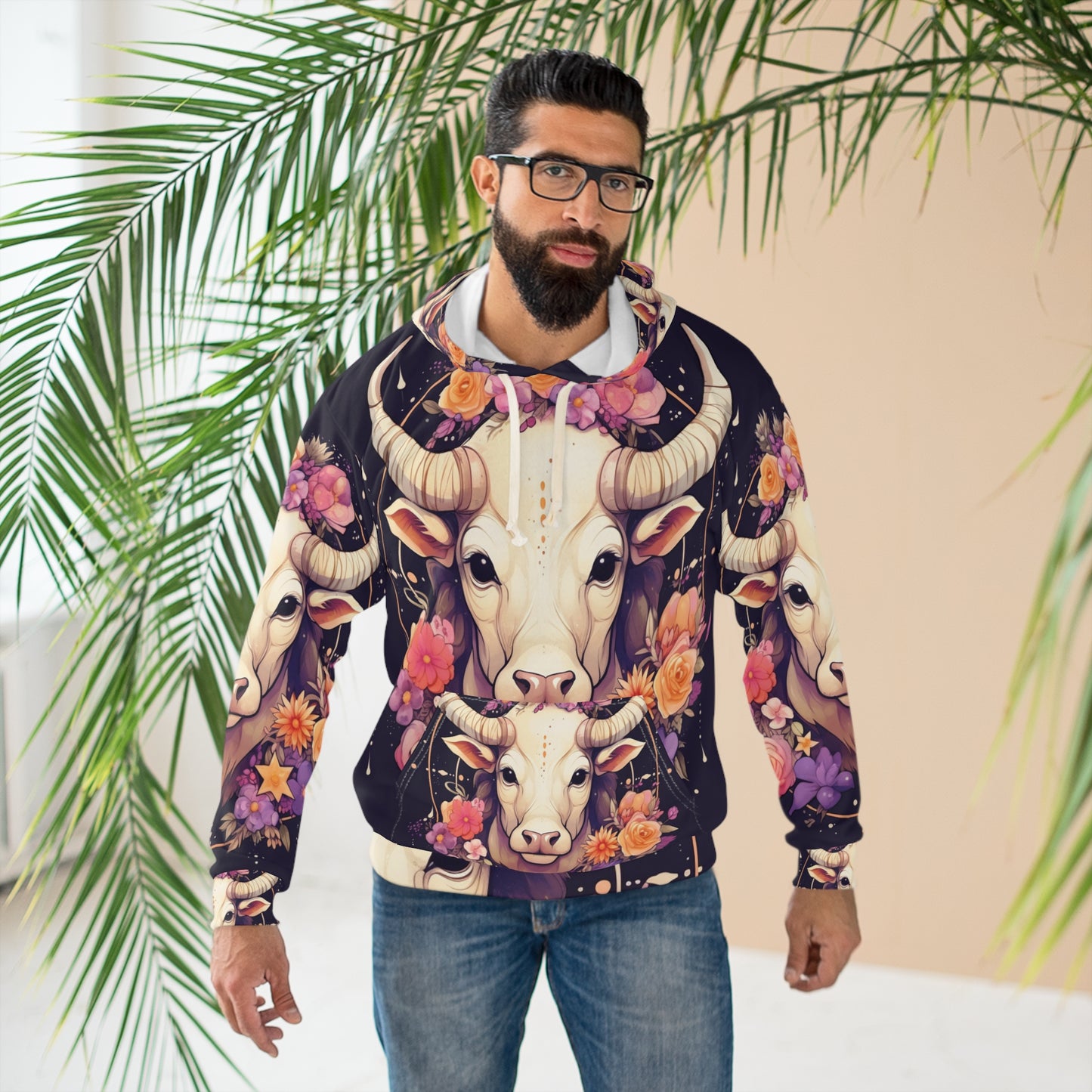 Acentos de flores del toro del zodiaco Tauro - Signo de astrología - Sudadera con capucha unisex (AOP) 