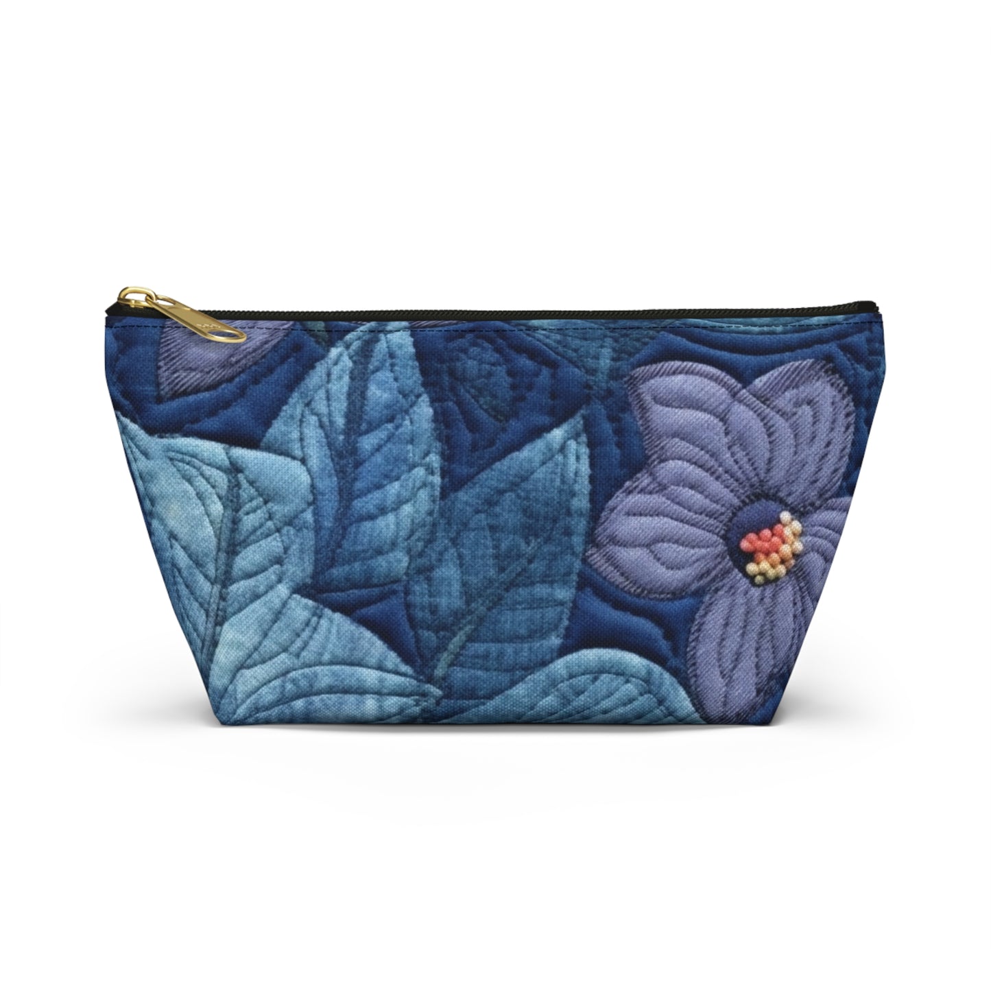 Floral Embroidery Blue: Denim-Inspired, Artisan-Crafted Flower Design - Accessory Pouch w T-bottom