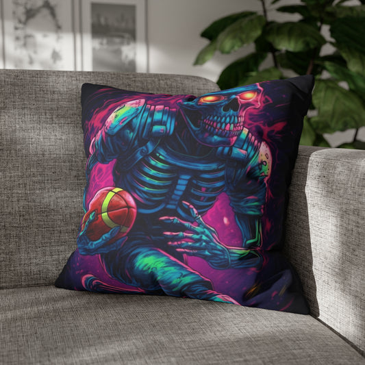 Spooky Football Game: Fantasy Skeleton Athlete Running with Ball, Sporty Halloween - Spun Polyester Square Pillow Case