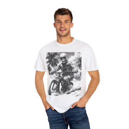 Biker Skeleton Wearing Sunglasses, Riding Sunset Boulevard in California Motorcycle, Unisex Garment-Dyed T-shirt