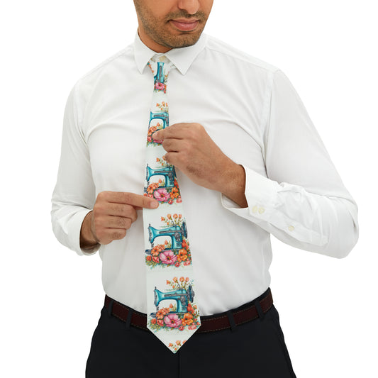 Aqua Blue Sewing Machine and Floral Watercolor Illustration, Artistic Craft - Necktie