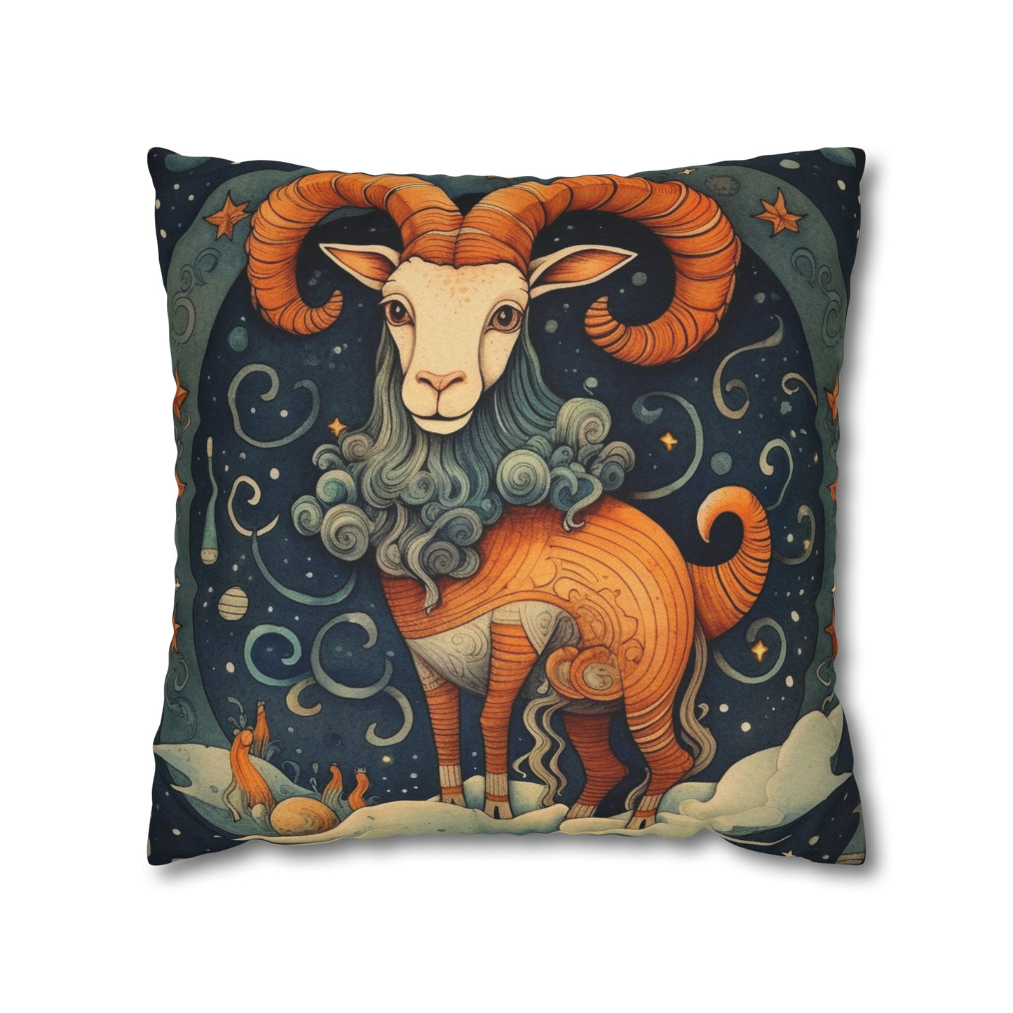 Diseño humorístico del estilo del libro infantil del zodiaco de Capricornio - Funda de almohada cuadrada de poliéster hilado 