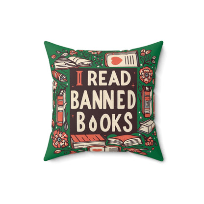 I Read Banned Books - Timeless Floral Bookshelf Illustration - Spun Polyester Square Pillow