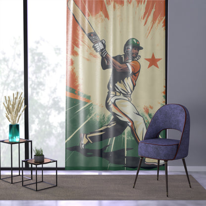 India Cricket Star: Batsman With Willow Bat, National Flag Style - Sport Game - Window Curtain