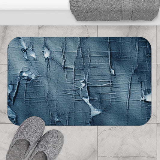 Distressed Blue Denim-Look: Edgy, Torn Fabric Design - Bath Mat