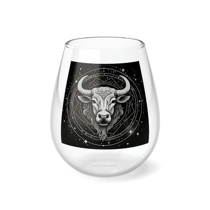 Taurus Zodiac - Stemless Wine Glass, 11.75oz - Restaurant-Grade Clear Glass - Unique Black & White Design