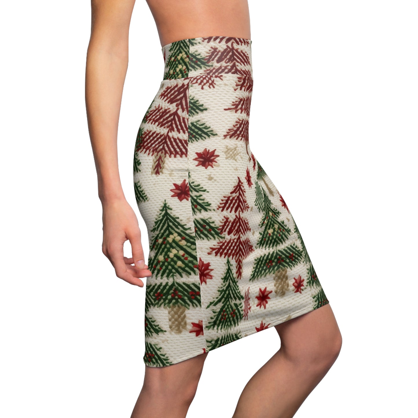 Embroidered Christmas Winter, Festive Holiday Stitching, Classic Seasonal Design - Women's Pencil Skirt (AOP)