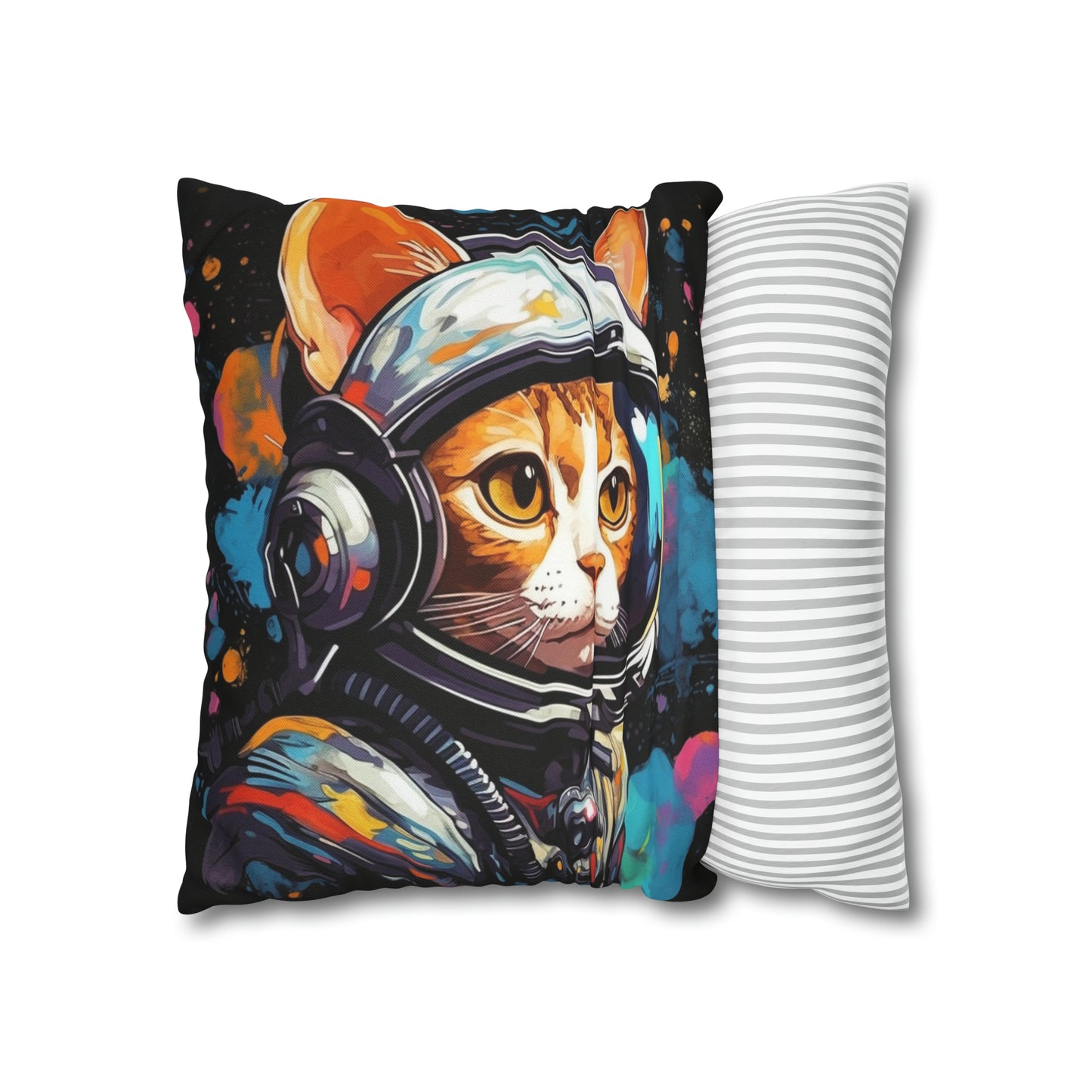 Astro Cat Adventure Feline - Pop Art, Floating in Cosmic Space - Spun Polyester Square Pillow Case