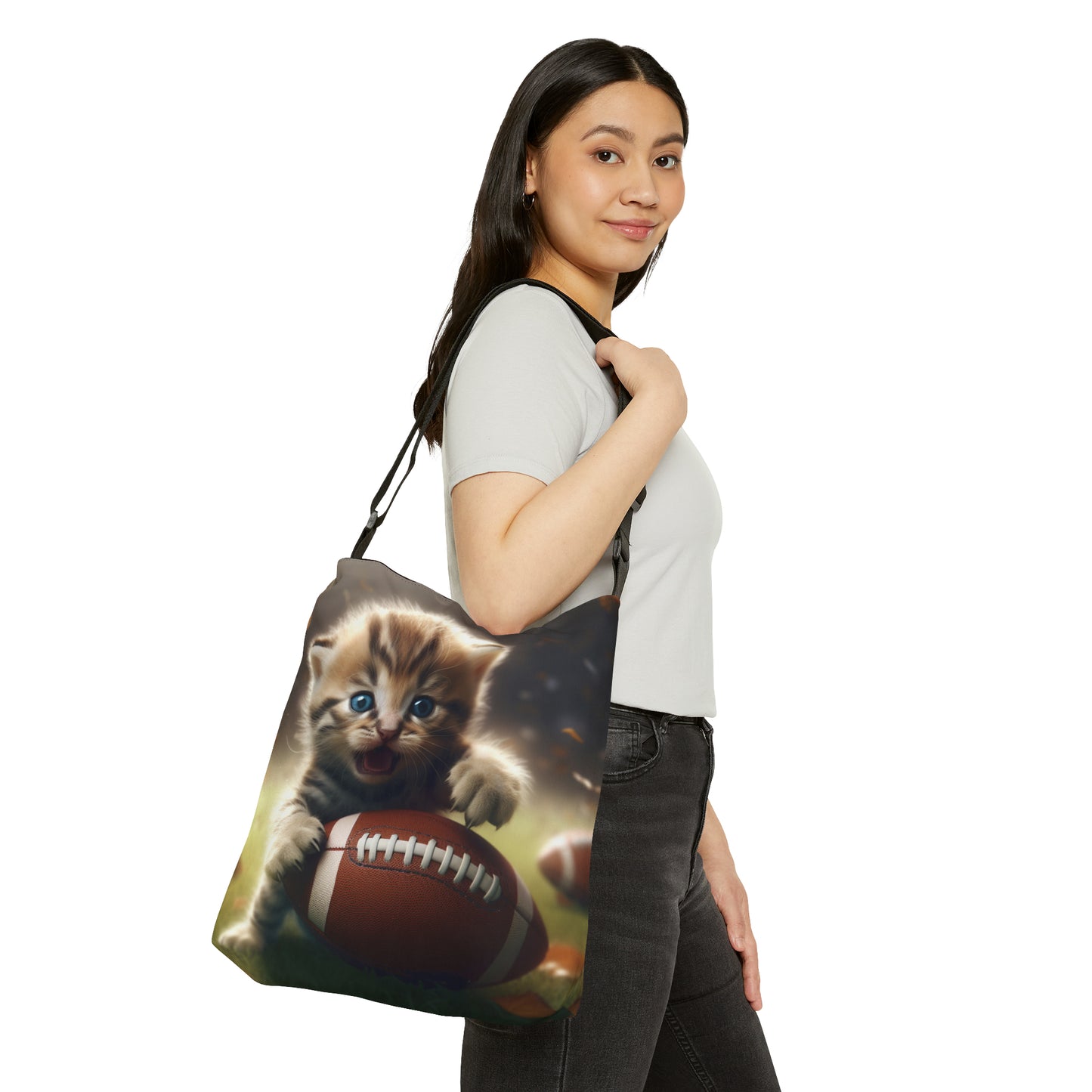 Football Kitten Touchdown: Tabby's Winning Play Sport Game - Adjustable Tote Bag (AOP)