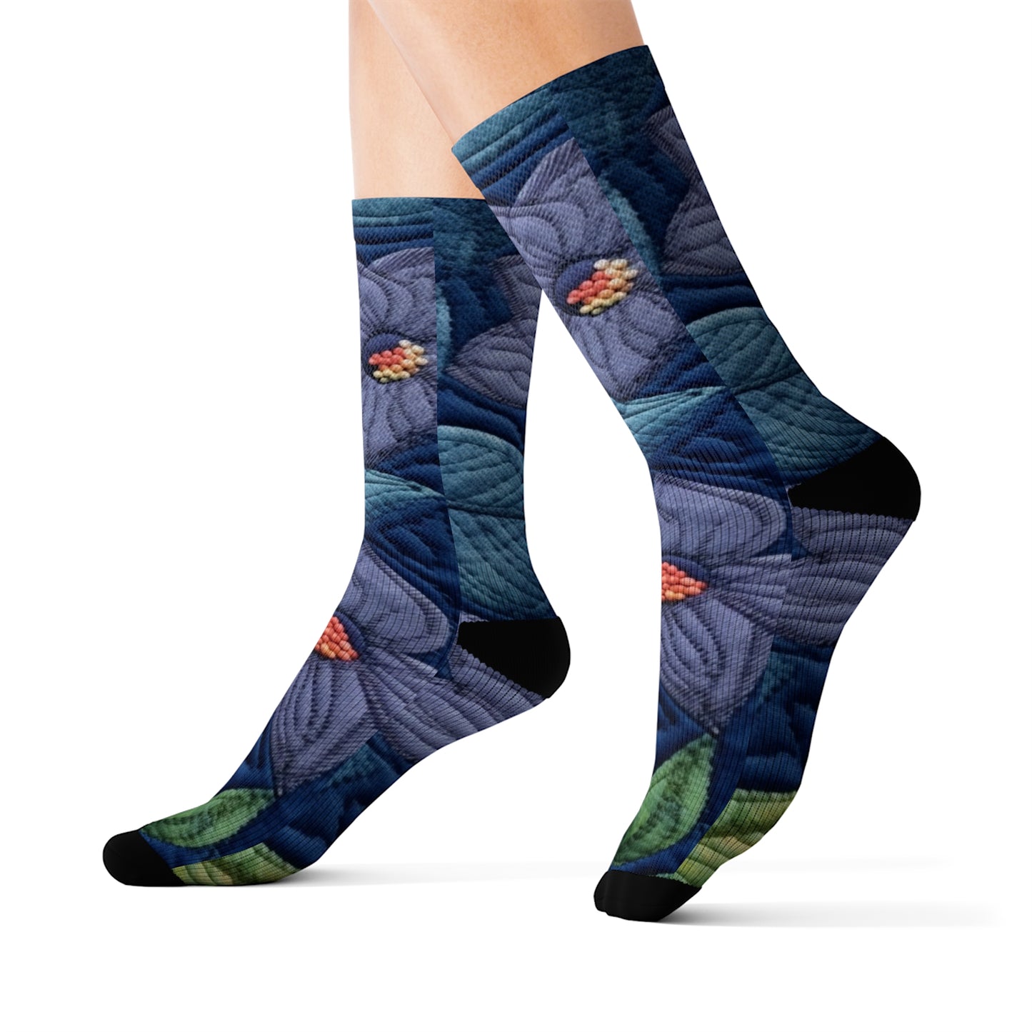 Floral Embroidery Blue: Denim-Inspired, Artisan-Crafted Flower Design - Sublimation Socks