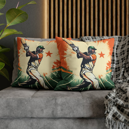 India Cricket Star: Batsman With Willow Bat, National Flag Style - Sport Game - Spun Polyester Square Pillow Case