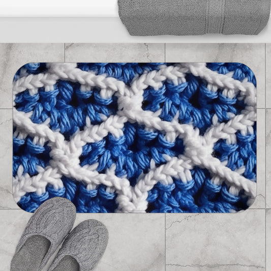 Blueberry Blue Crochet, White Accents, Classic Textured Pattern - Bath Mat