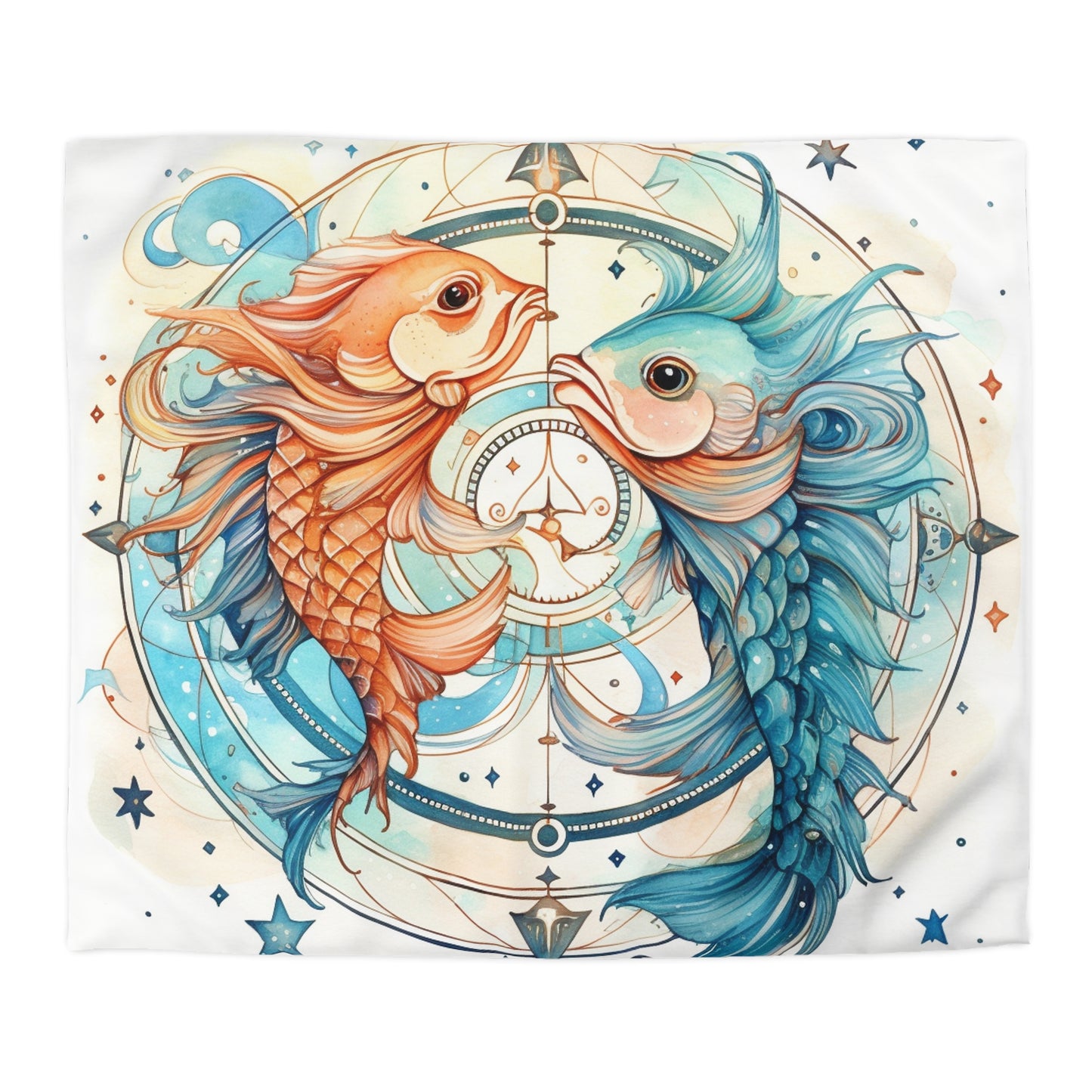 Pisces Zodiac Horoscope - Starry Watercolor & Ink, Hyper-Detailed Fish Microfiber Duvet Cover