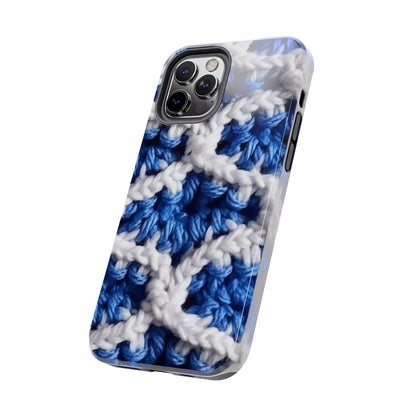 Blueberry Blue Crochet, White Accents, Classic Textured Pattern - Tough Phone Cases