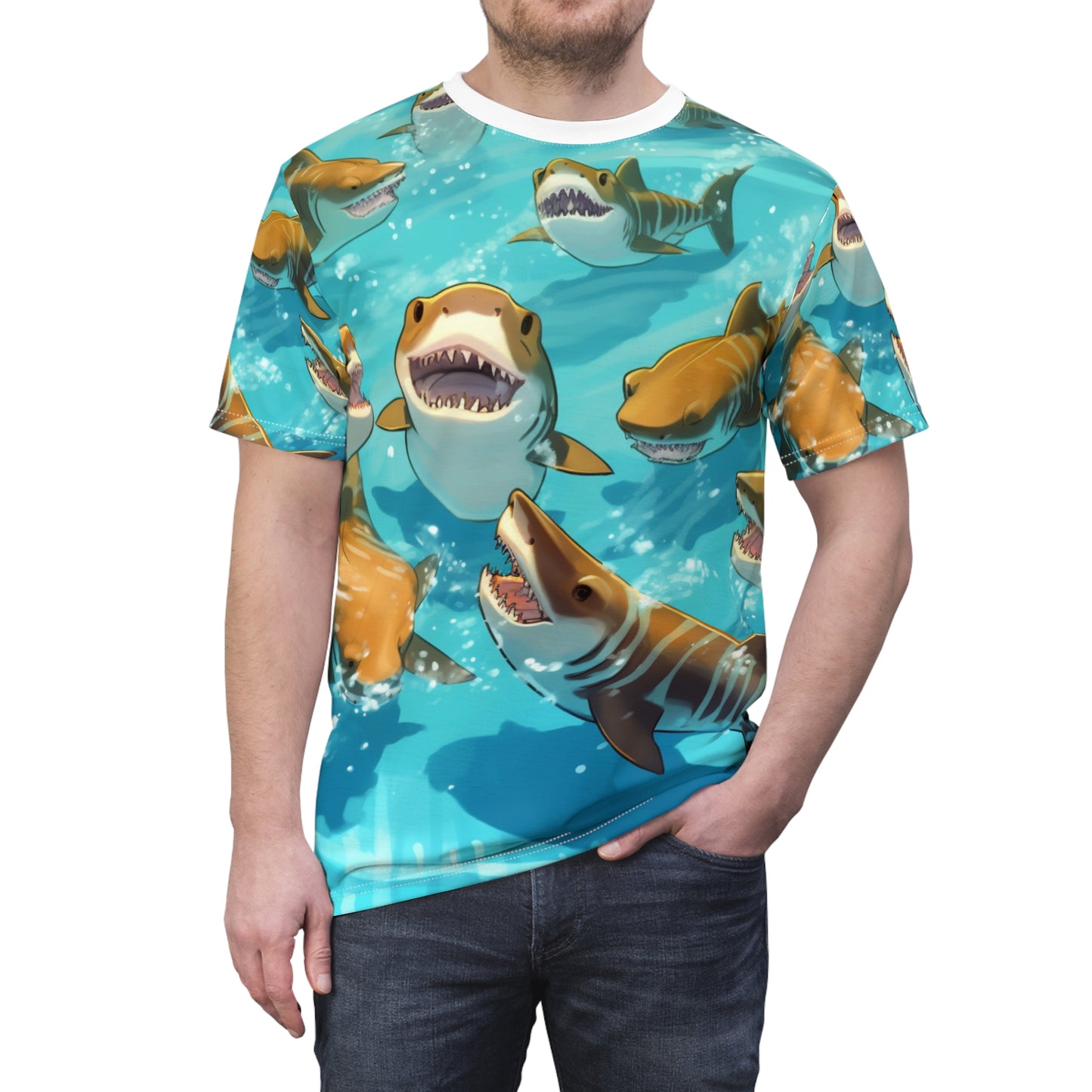 Tiburón tigre: Vida silvestre marina oceánica - Submarino - Camiseta unisex cortada y cosida (AOP) 