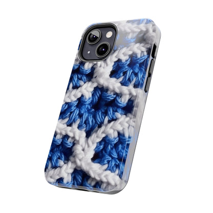 Blueberry Blue Crochet, White Accents, Classic Textured Pattern - Tough Phone Cases