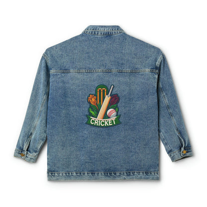 Cricket Sport Game, Gift, Chenille Patch Graphic, Women's Denim Jacket