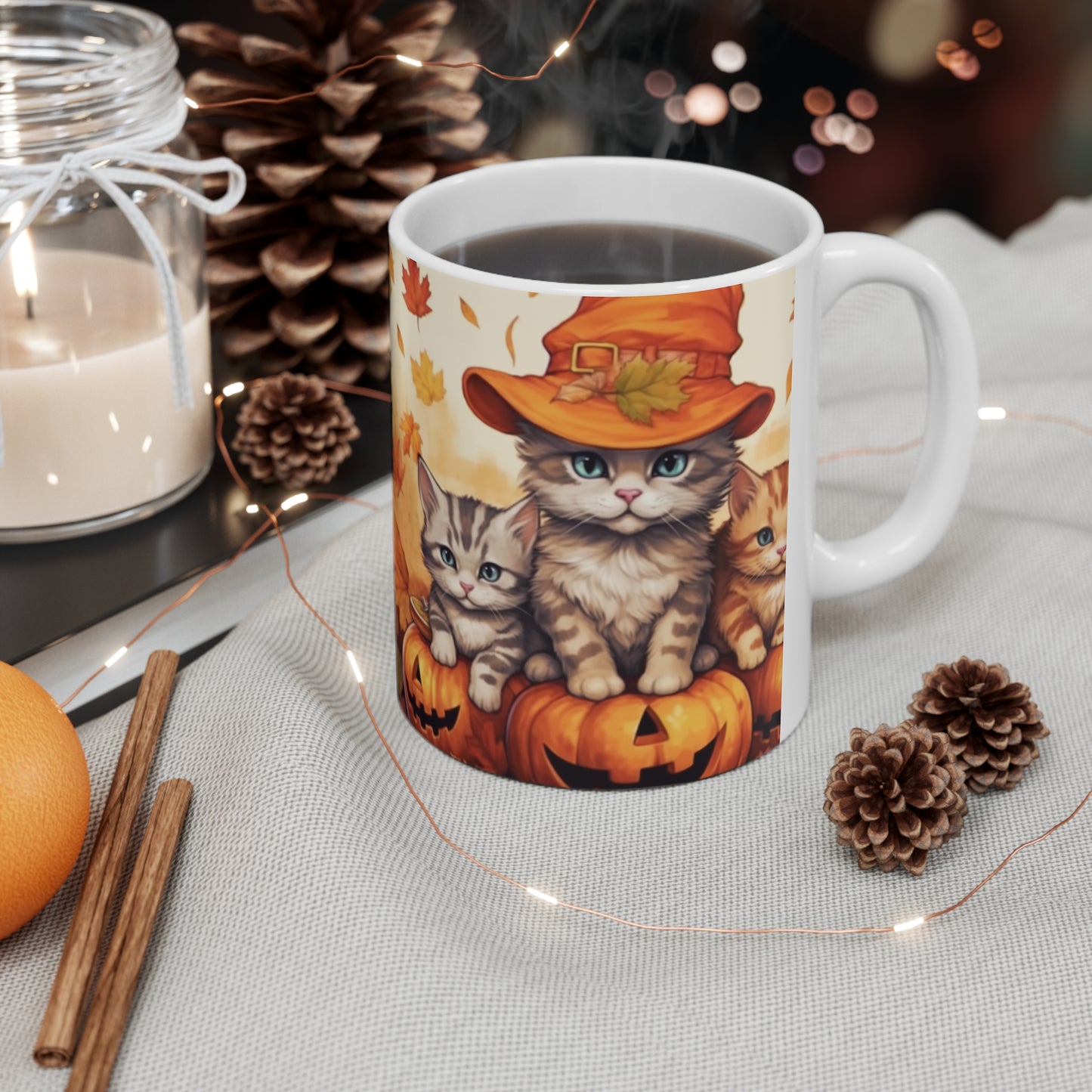 Kitty Cat Kittens Halloween - Lindos Furries en Calabaza - Decoración felina festiva - Taza de cerámica 11oz 