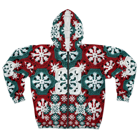 Christmas Snowflake Crochet, Festive Yuletide, Winter Wonderland Craft, Ice Crystal, Holiday Decor, Seasonal Adornments - Unisex Zip Hoodie (AOP)