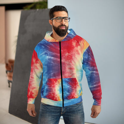 Rainbow Tie-Dye Denim: Vibrant Multi-Color, Fabric Design Spectacle - Unisex Zip Hoodie (AOP)