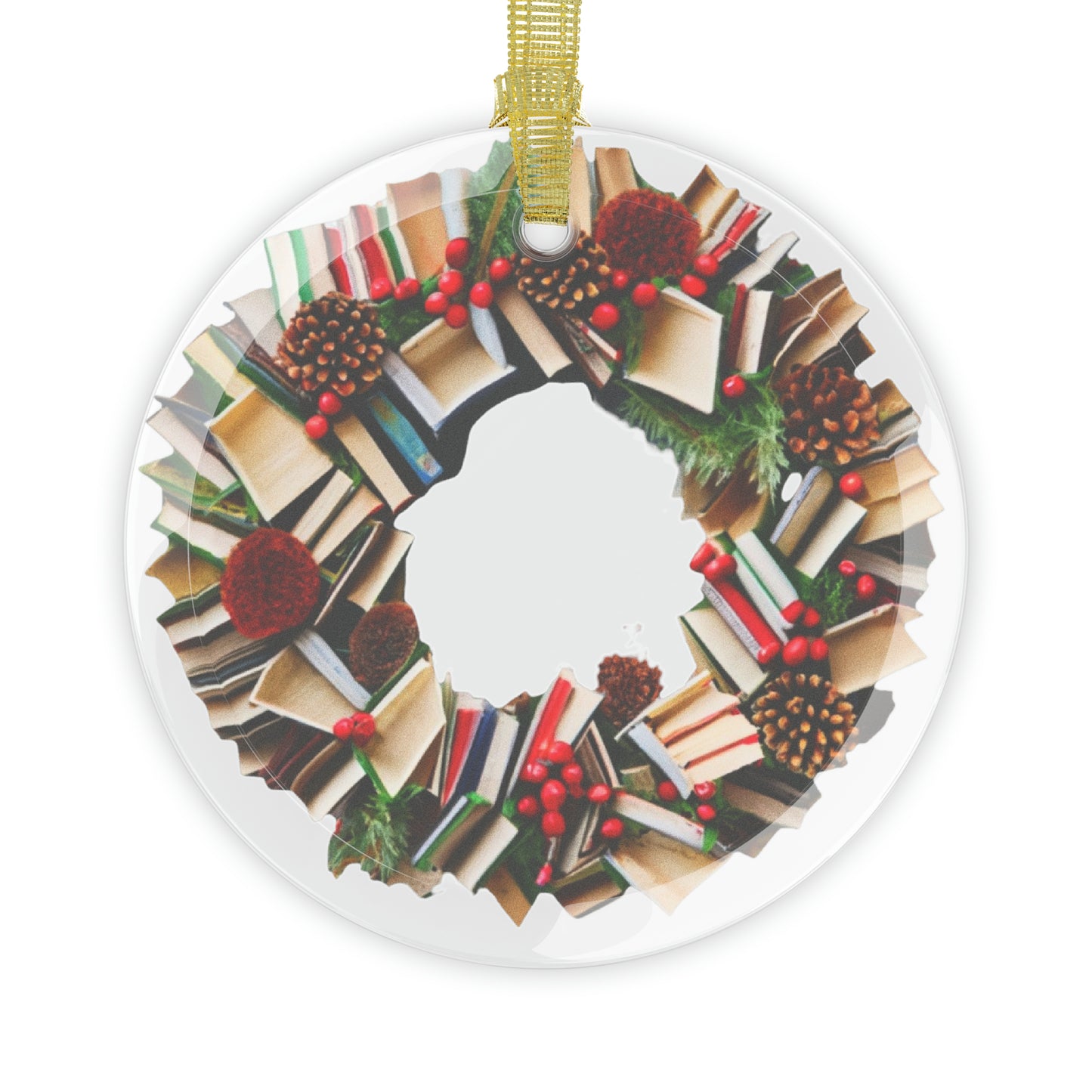 Holiday Book Wreath: Festive Literary Book Lover & Christmas Pinecone Arrangement - Glass Ornaments