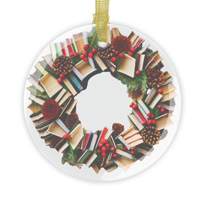 Holiday Book Wreath: Festive Literary Book Lover & Christmas Pinecone Arrangement - Glass Ornaments