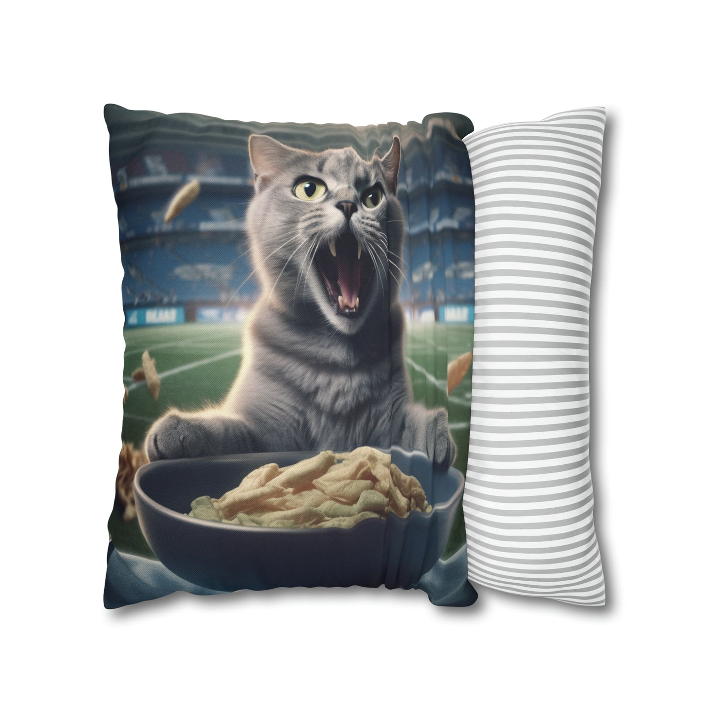 Halftime Football Feline: Screaming Sports Fan Cat Stadium Food Kitten - Spun Polyester Square Pillow Case