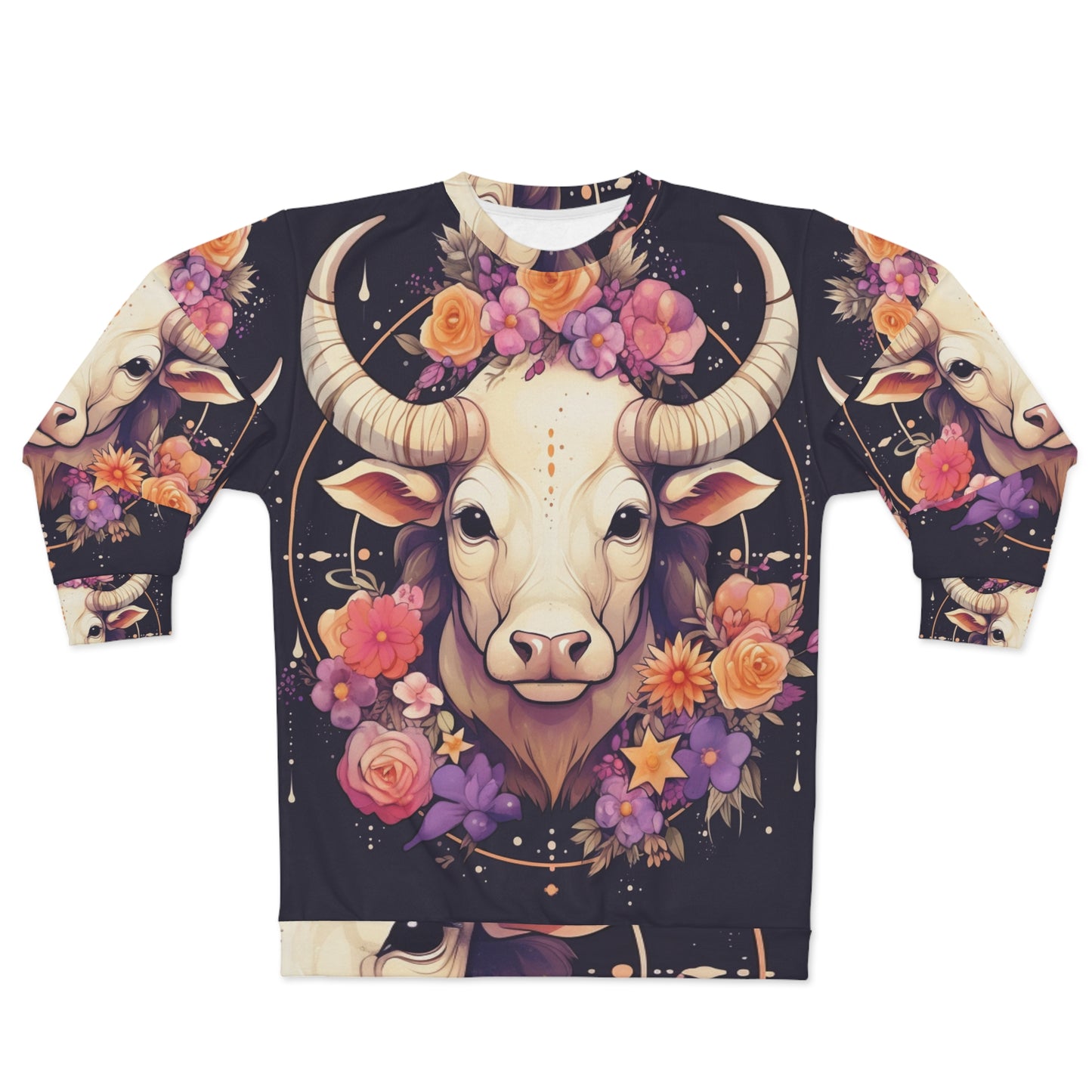 Taurus Zodiac Bull Flower Accents - Astrology Sign - ユニセックス スウェットシャツ (AOP) 