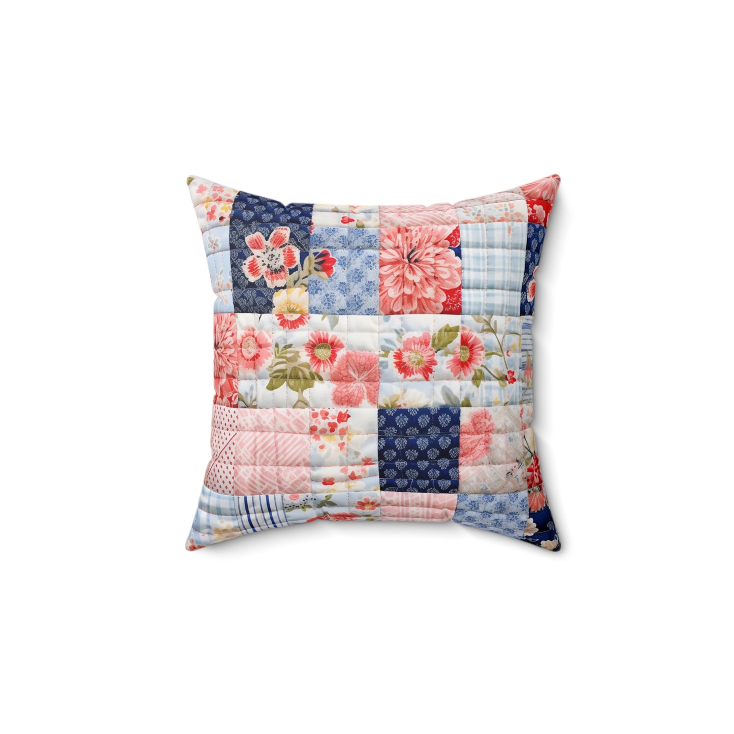 Floral Harmony Quilt, Blossom Patchwork, Blue and Pink Quilted Patterns, Garden Quilt, Soft Pastel Quilting Squares Design - Spun Polyester Square Pillow