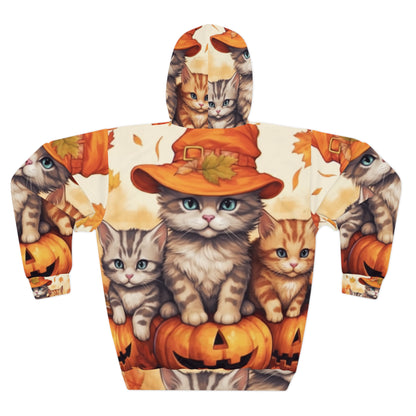 Kitty Cat Kittens Halloween - Cute Furries on Pumpkin - Festive Feline Decor - Unisex Pullover Hoodie (AOP)