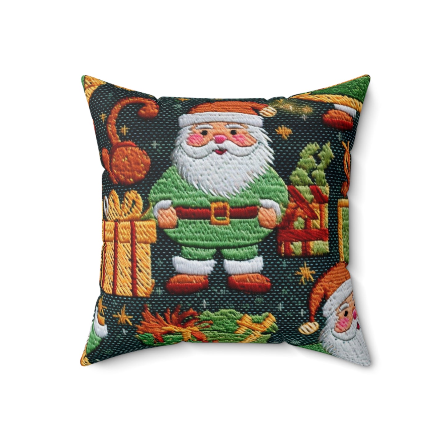 Christmas Santa Claus - Embroidered Presents - Festive Winter Wonderland - Deck the Halls Design - Spun Polyester Square Pillow