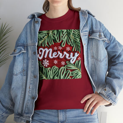 Chenille Patch Festive Design, Holiday Motif, Merry Christmas Theme, Trendy Winter Style - Unisex Heavy Cotton Tee