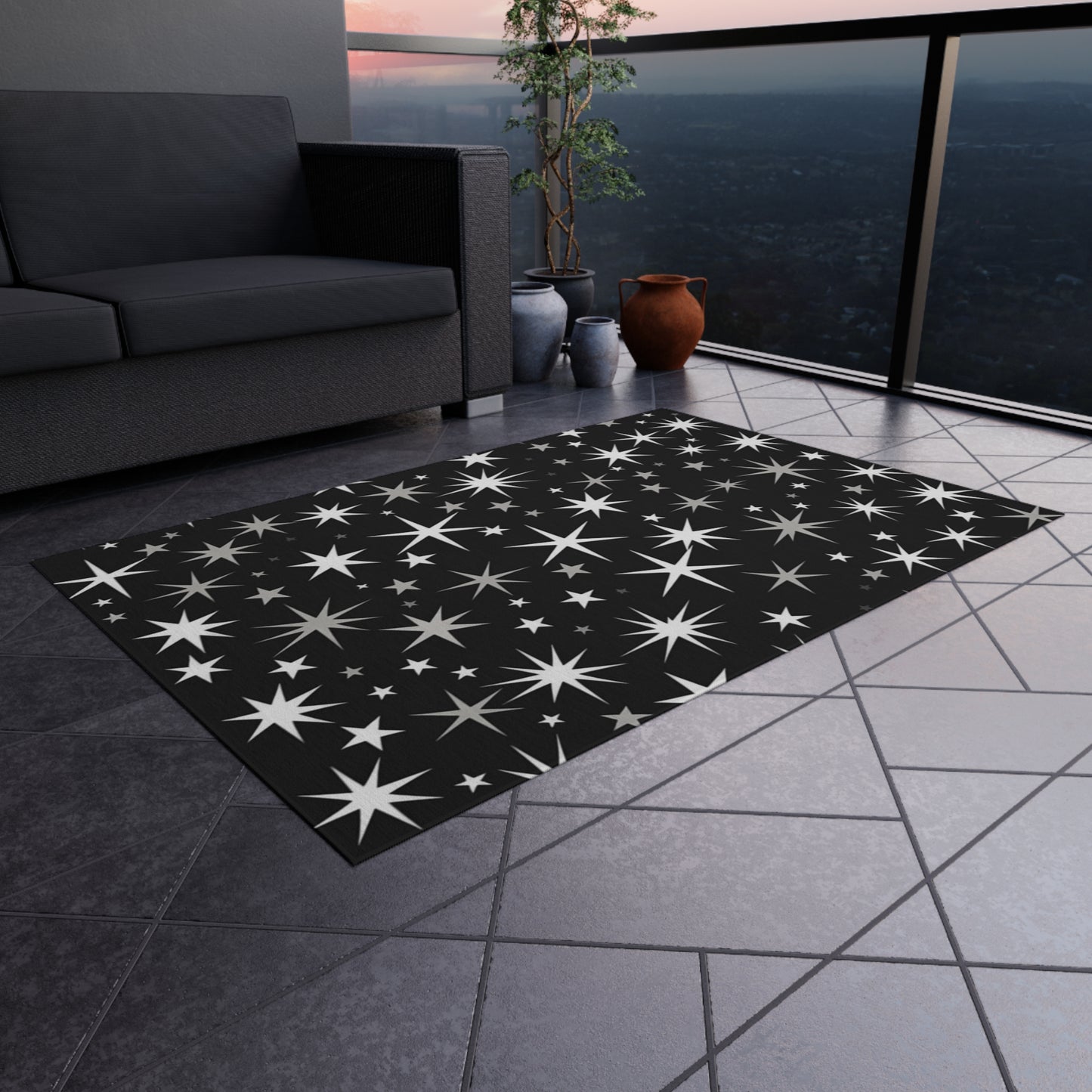 Mid Century Modern Atomic Starburst - Streamlined Minimal Stars - Outdoor Rug