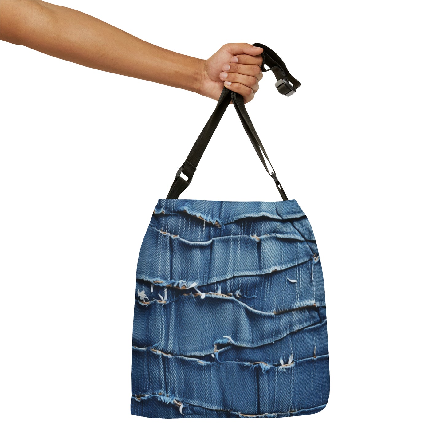 Denim desgastado azul medianoche: diseño resistente, rasgado y elegante - Bolso de mano ajustable (AOP) 