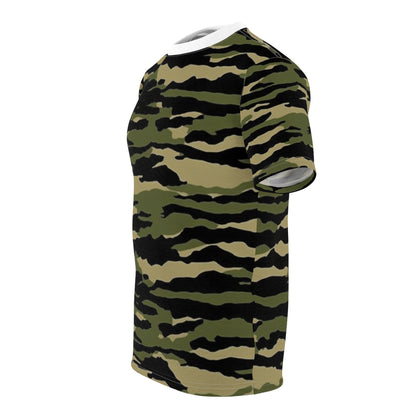 Camuflaje de rayas de tigre: estilo militar - Camiseta unisex cortada y cosida (AOP) 