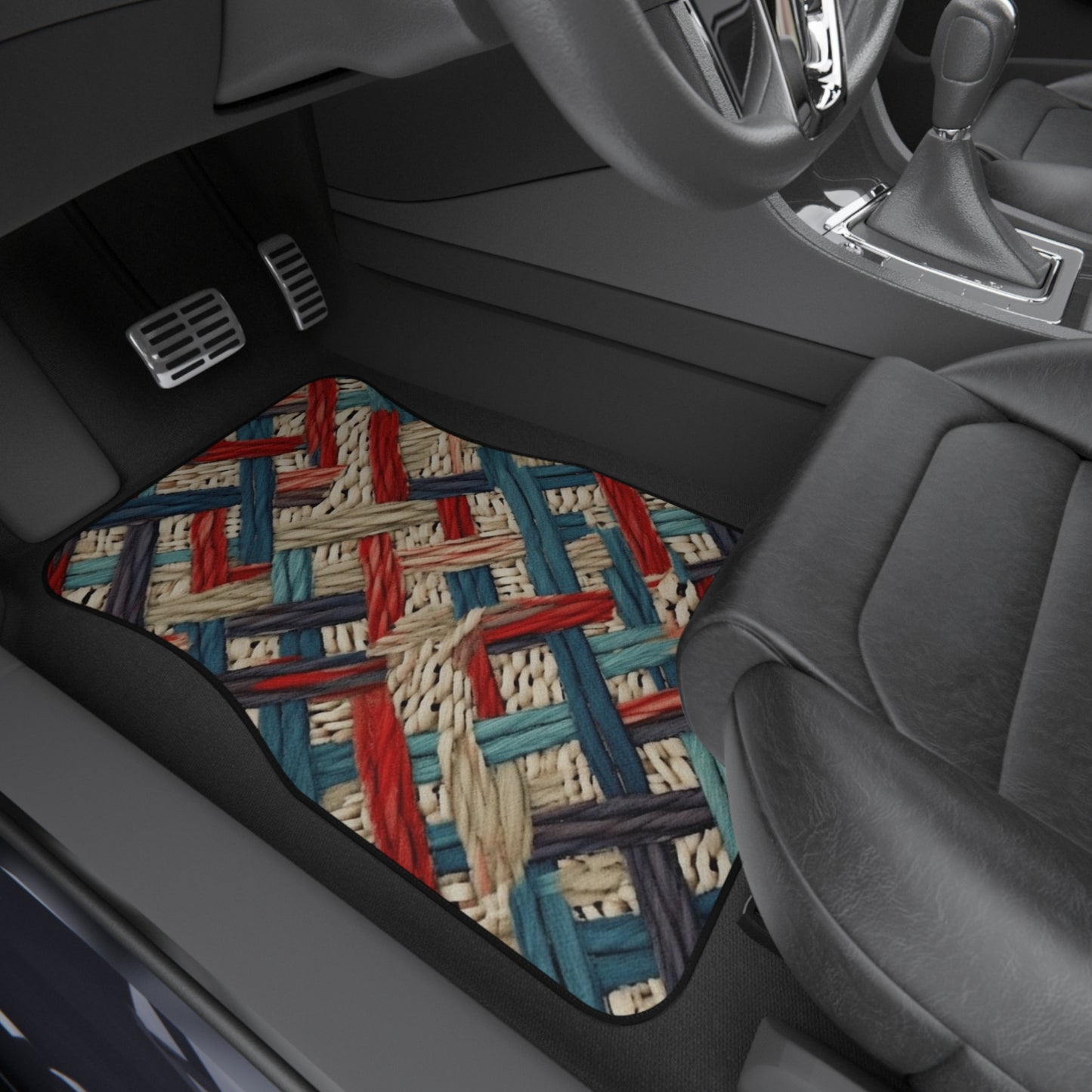 Colorful Yarn Knot: Denim-Inspired Fabric in Red, White, Light Blue - Car Mats (Set of 4)