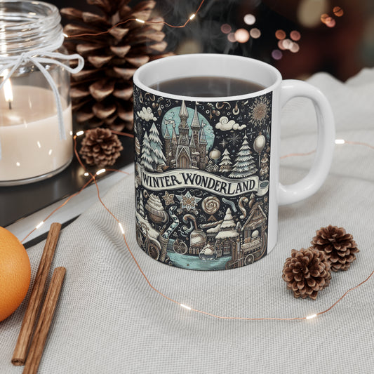 Winter Wonderland Enchantment: Nostalgic Christmas Snowscape with Majestic Castle and Festive - Ceramic Mug 11oz