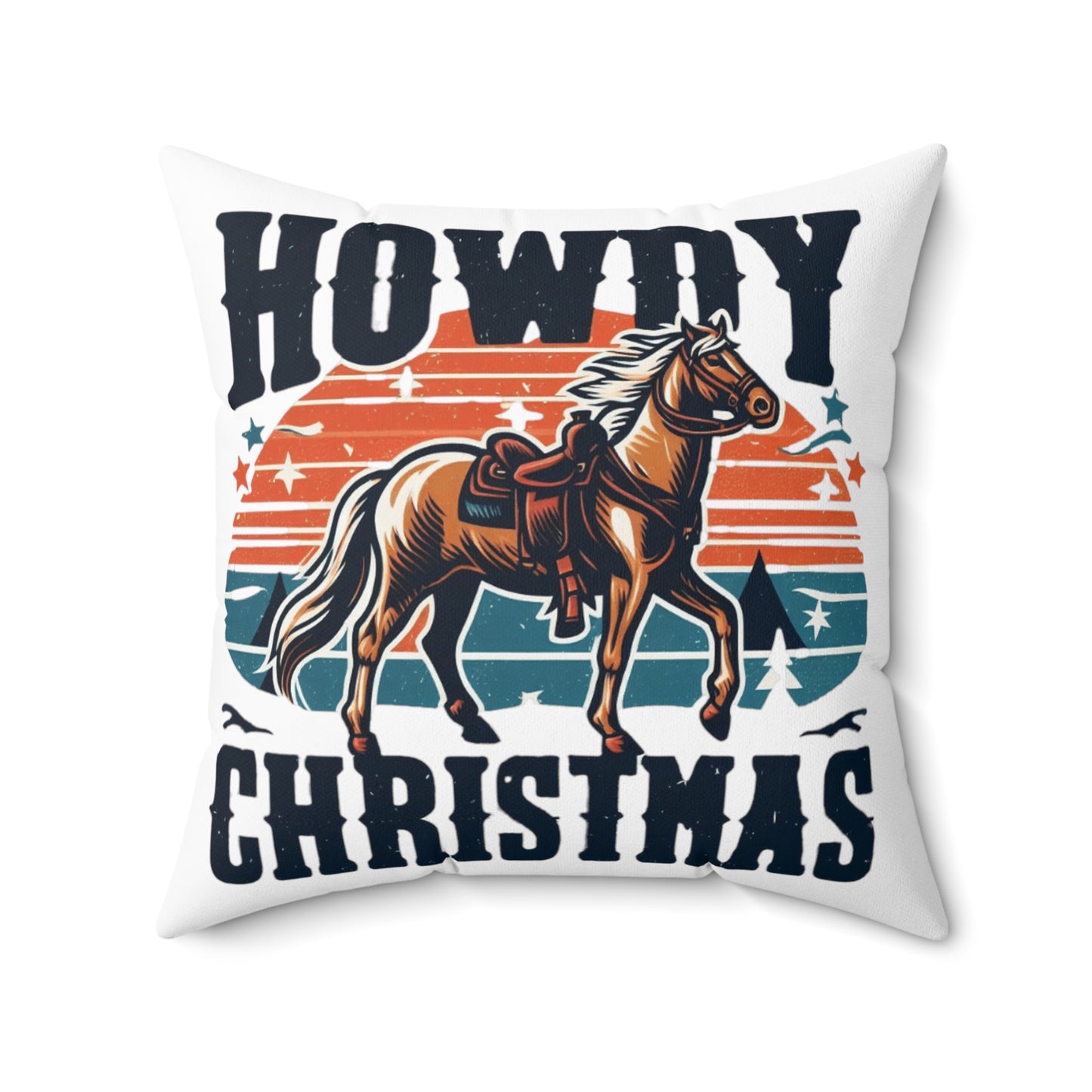 Retro Western Christmas - Howdy Christmas with Patriotic Horse and Star Banner - Spun Polyester Square Pillow