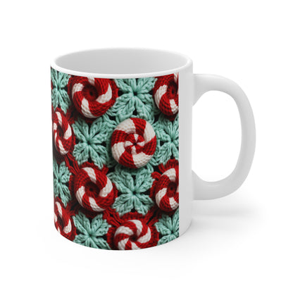 Bastón de caramelo de ganchillo navideño - Patrón navideño blanco y cristal rojo pimienta - Taza de cerámica de 11 oz