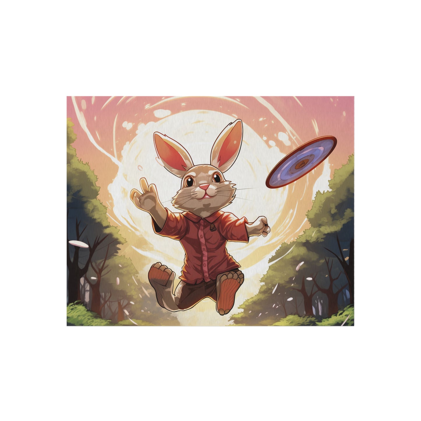 Disc Golf Rabbit: Bunny Aiming Frisbee for Basket Chain - Outdoor Rug