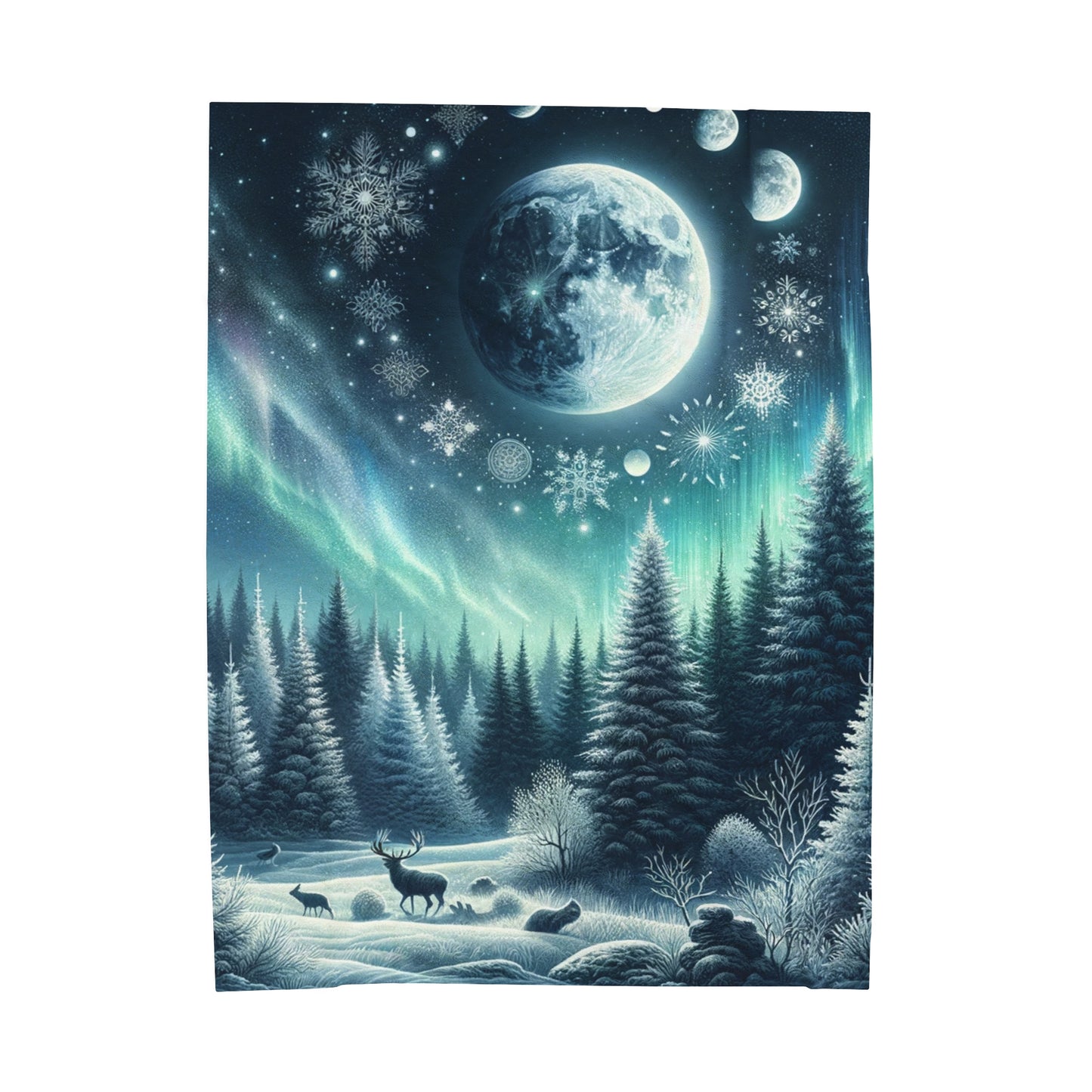 Enchanted Solstice Night: Mystical Winter Scene with Northern Lights and Wildlife - Velveteen Plush Blanket