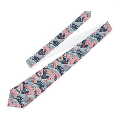 Japanese Minimalist Waves & Cherry Blossoms Pattern - Necktie